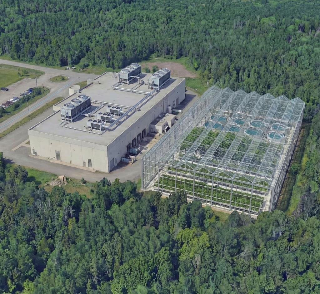 Illustrative aerial view of integrated facility in a forested landscape.
